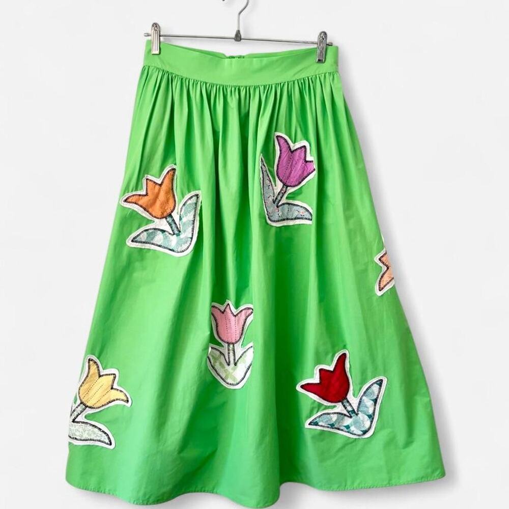 $268 NEW OOAK Handmade Upcycled Tulip Pleated Quilted Midi Skirt Dopamine SZ S/M